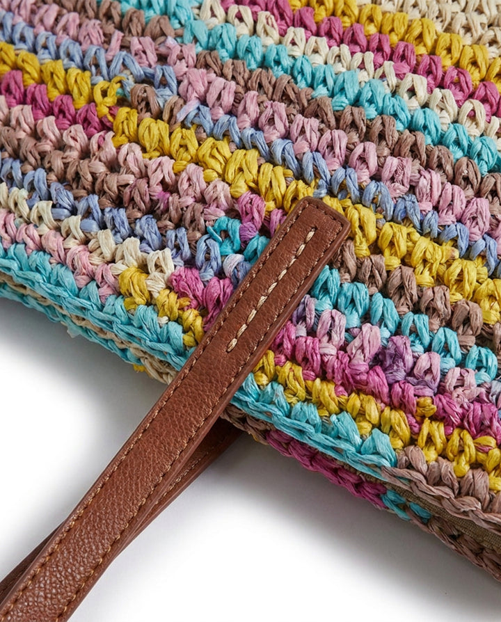 Multicolor Striped Straw Tote Bag Faux Leather Handle Beach Bag