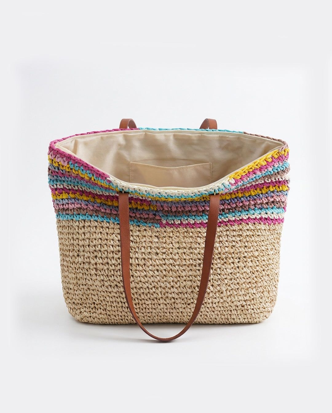 Multicolor Striped Straw Tote Bag Faux Leather Handle Beach Bag