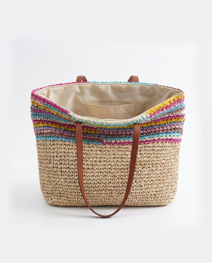 Multicolor Striped Straw Tote Bag Faux Leather Handle Beach Bag