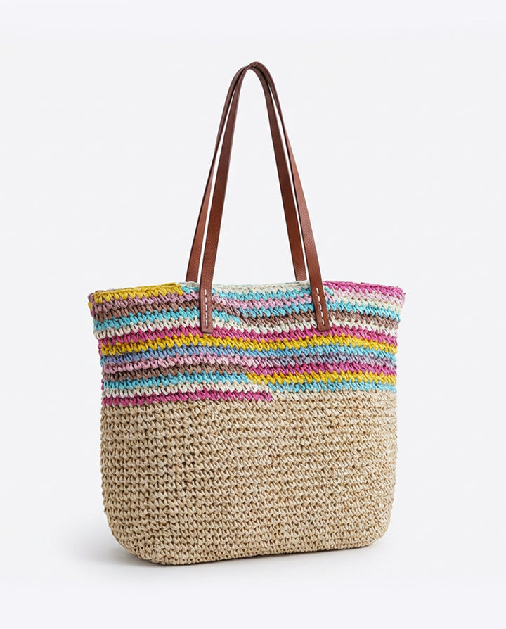 Multicolor Striped Straw Tote Bag Faux Leather Handle Beach Bag
