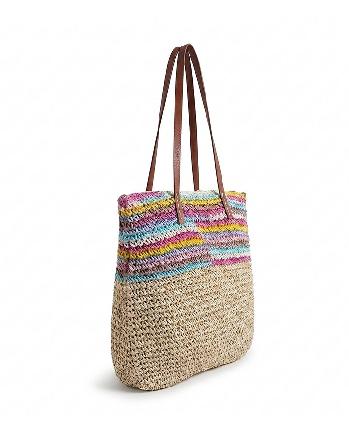 Multicolor Striped Straw Tote Bag Faux Leather Handle Beach Bag