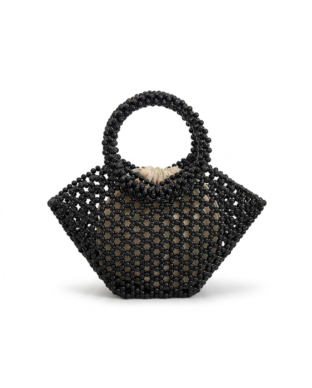 Black Beaded Mini Top Handle Bag Drawstring Inner Pouch Handbag