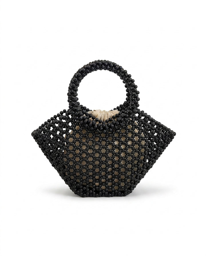 Black Beaded Mini Top Handle Bag Drawstring Inner Pouch Handbag