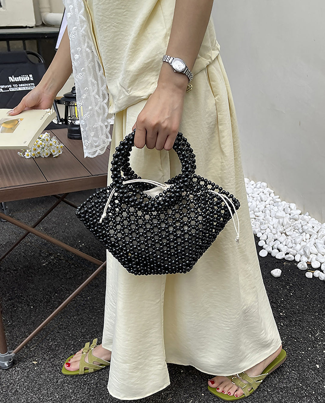 Black Beaded Mini Top Handle Bag Drawstring Inner Pouch Handbag