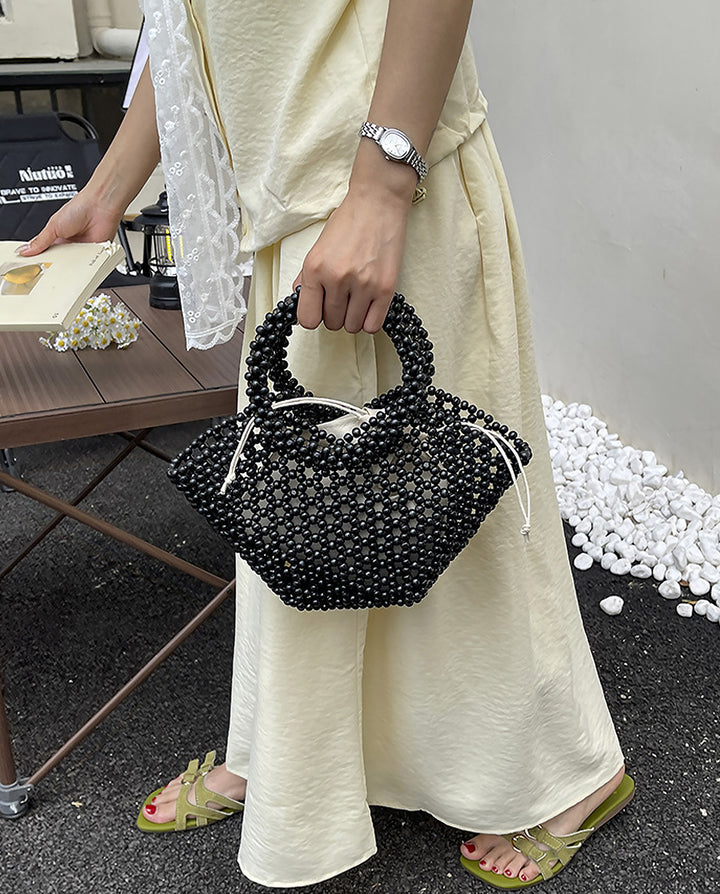 Black Beaded Mini Top Handle Bag Drawstring Inner Pouch Handbag