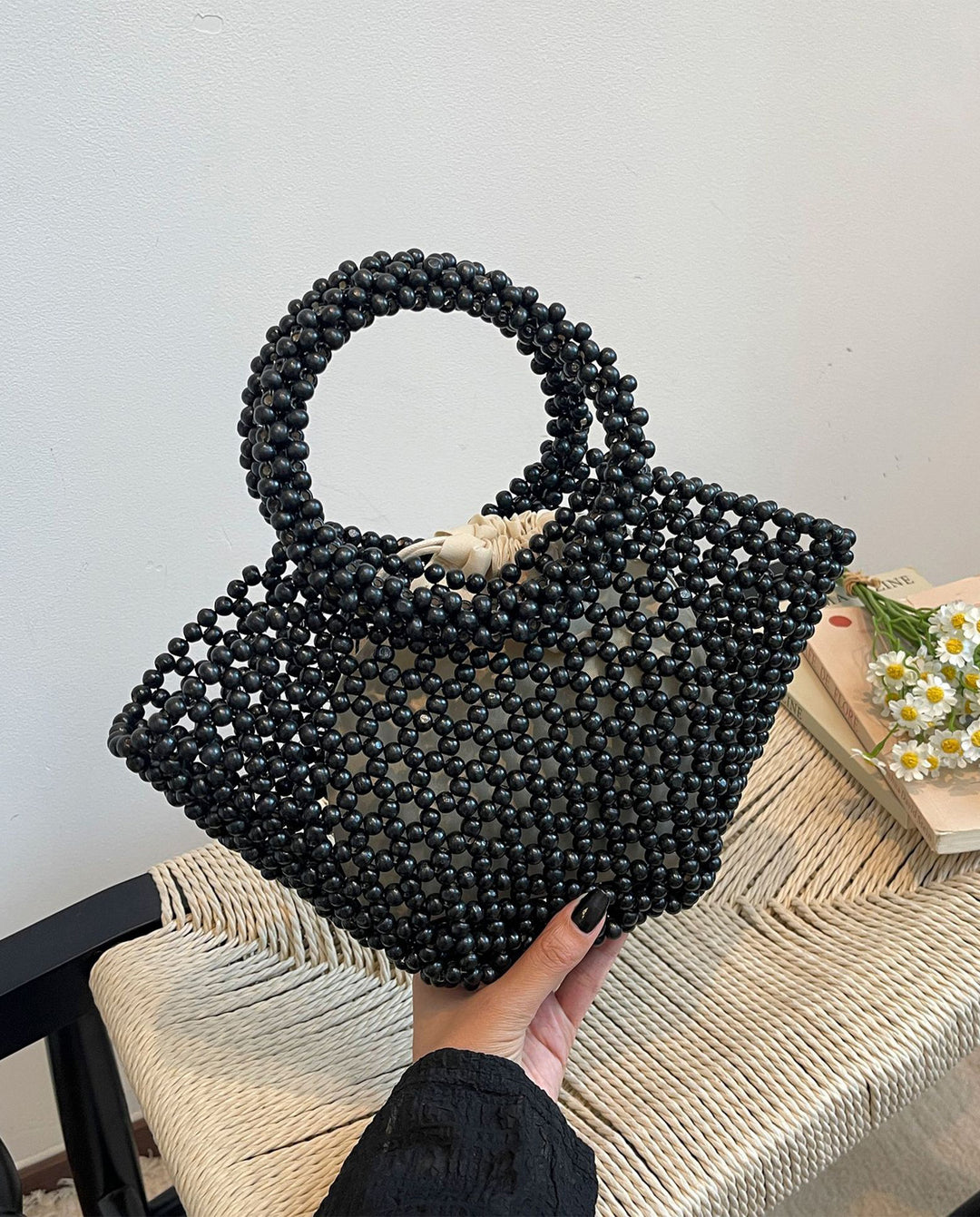 Black Beaded Mini Top Handle Bag Drawstring Inner Pouch Handbag