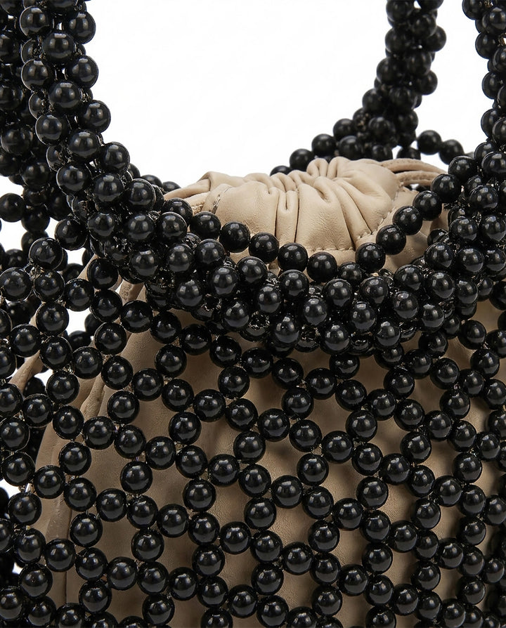 Black Beaded Mini Top Handle Bag Drawstring Inner Pouch Handbag