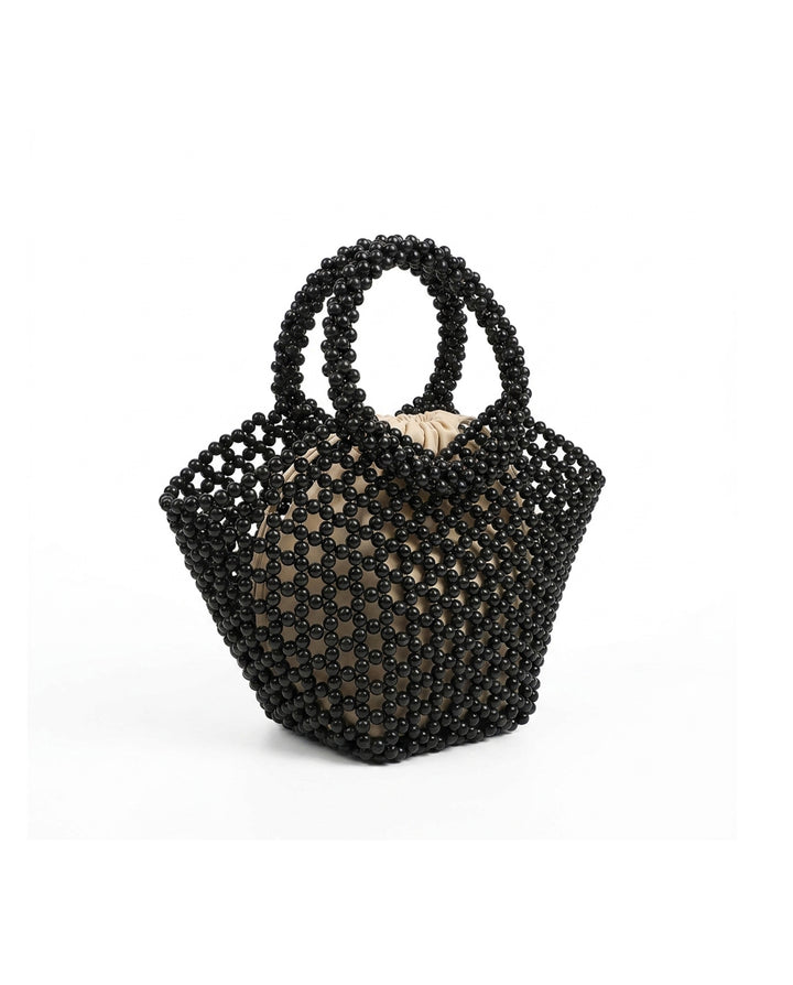 Black Beaded Mini Top Handle Bag Drawstring Inner Pouch Handbag