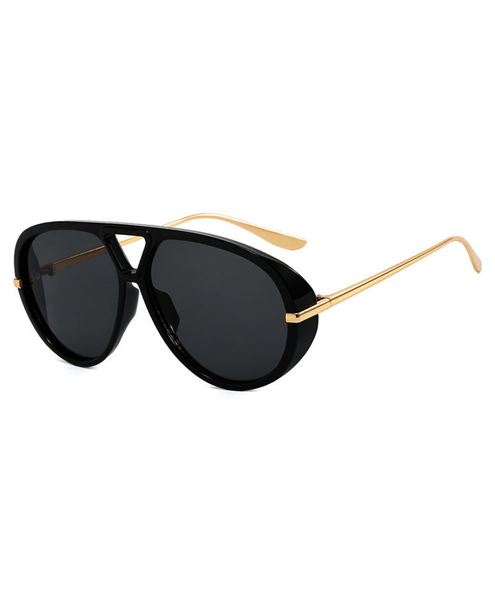 Black Front Frame Gold Metal Temple Double Bridge Pilot Sunglasses