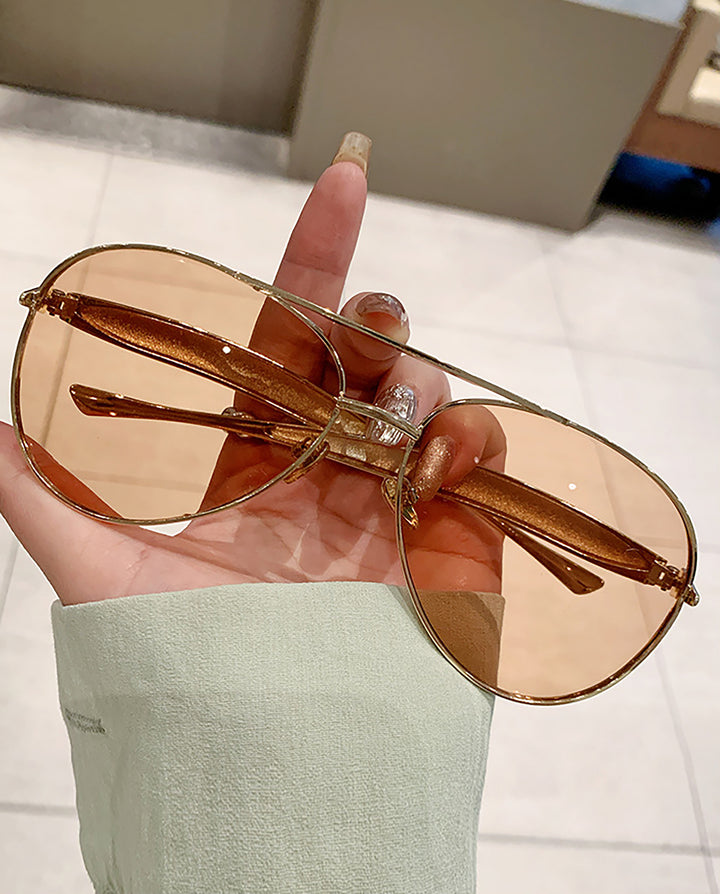 Double Bridge Gold Frame Light Tea Transparent Lens Aviator Sunglasses