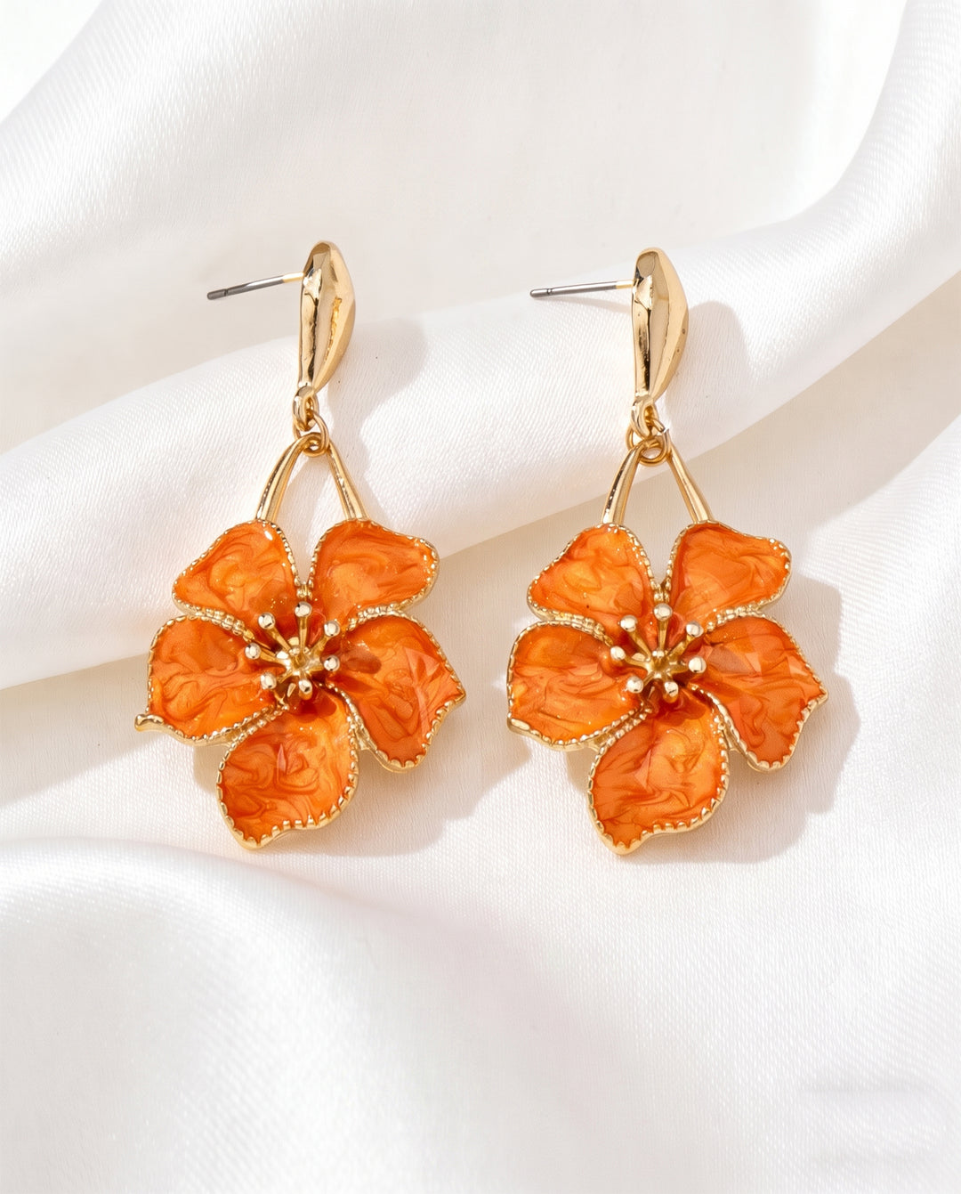Orange Swirl Enamel Five-Petal Flower Drop Dangle Earrings