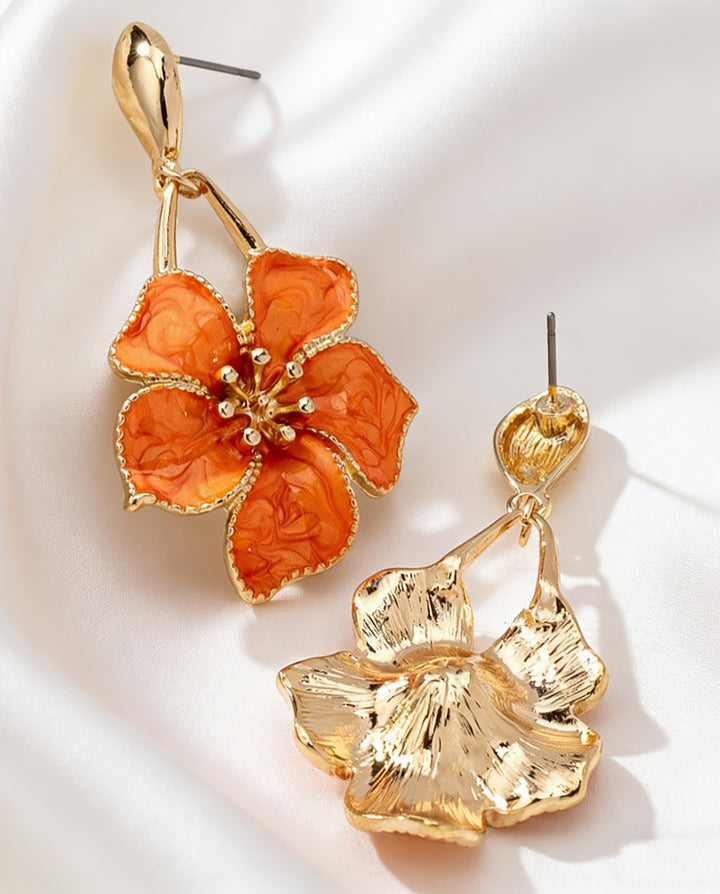 Orange Swirl Enamel Five-Petal Flower Drop Dangle Earrings