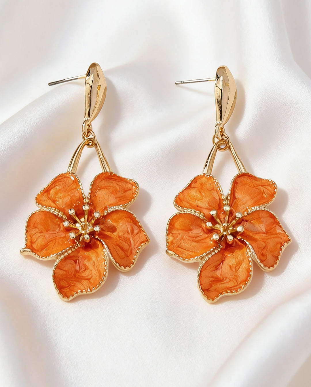 Orange Swirl Enamel Five-Petal Flower Drop Dangle Earrings