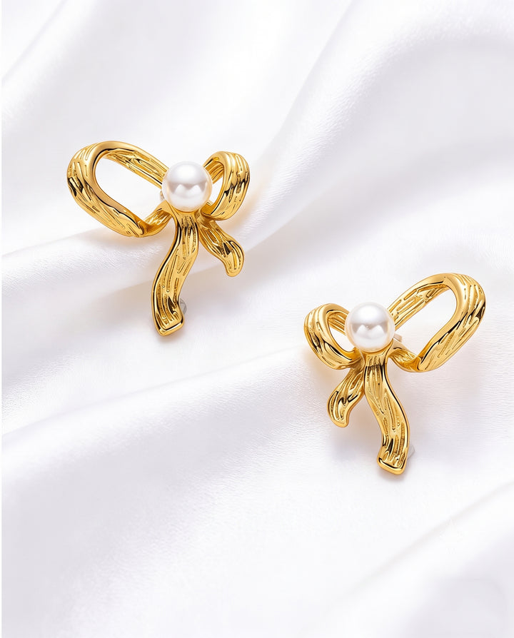 Textured Gold Bow White Faux Pearl Stud Earrings