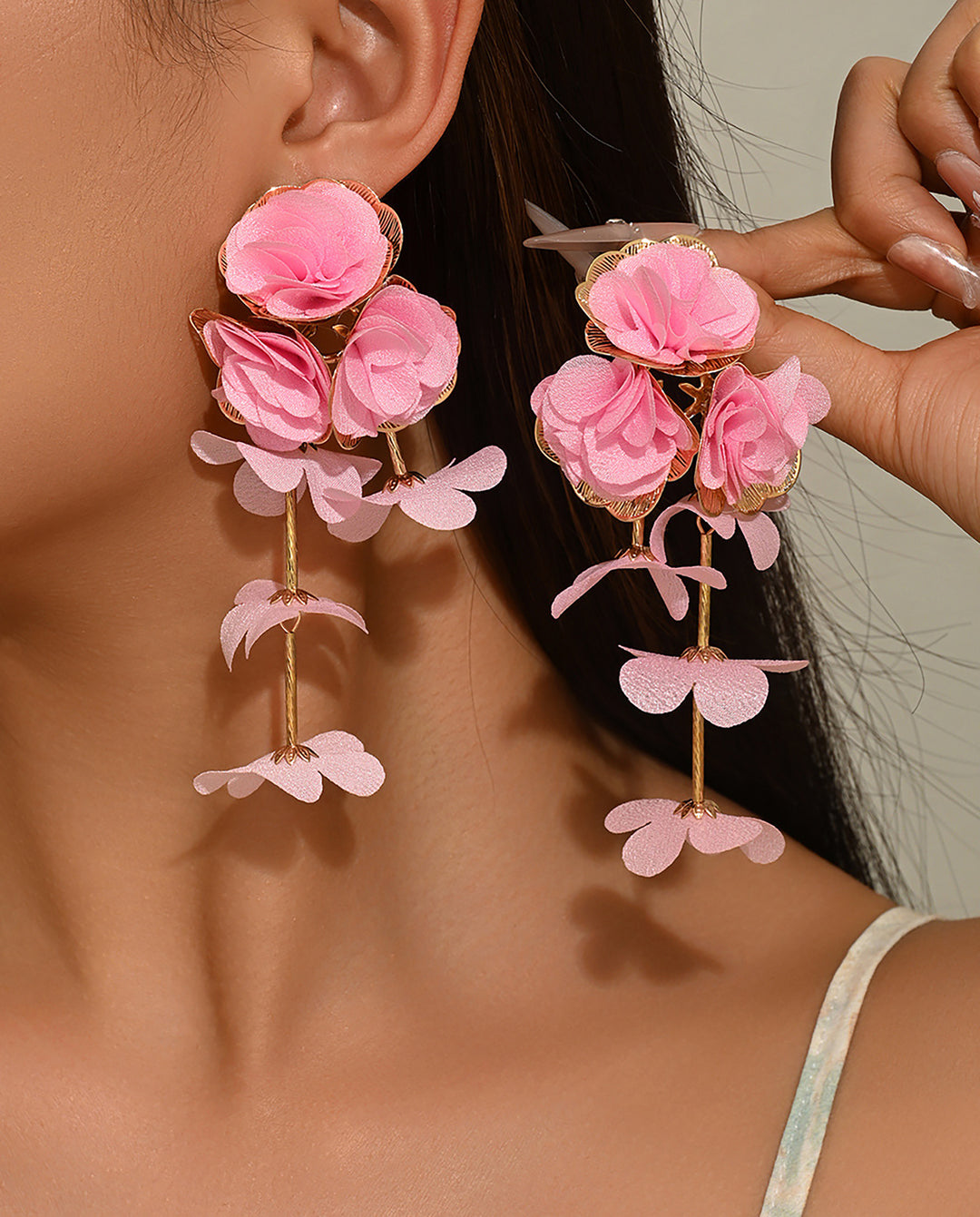 Pink Fabric Flower Butterfly Petal Tassel Long Drop Dangle Earrings