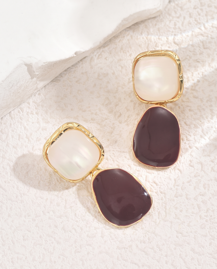 Two-Tone Natural Stone Double Drop Gold Frame Dangle Earrings