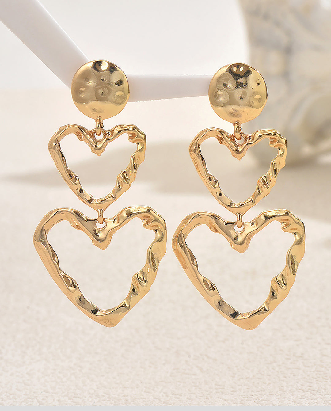 Textured Double Layer Hollow Heart Gold Drop Earrings