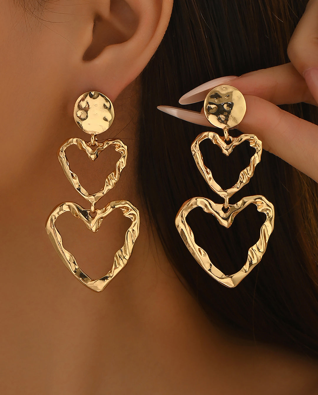 Textured Double Layer Hollow Heart Gold Drop Earrings