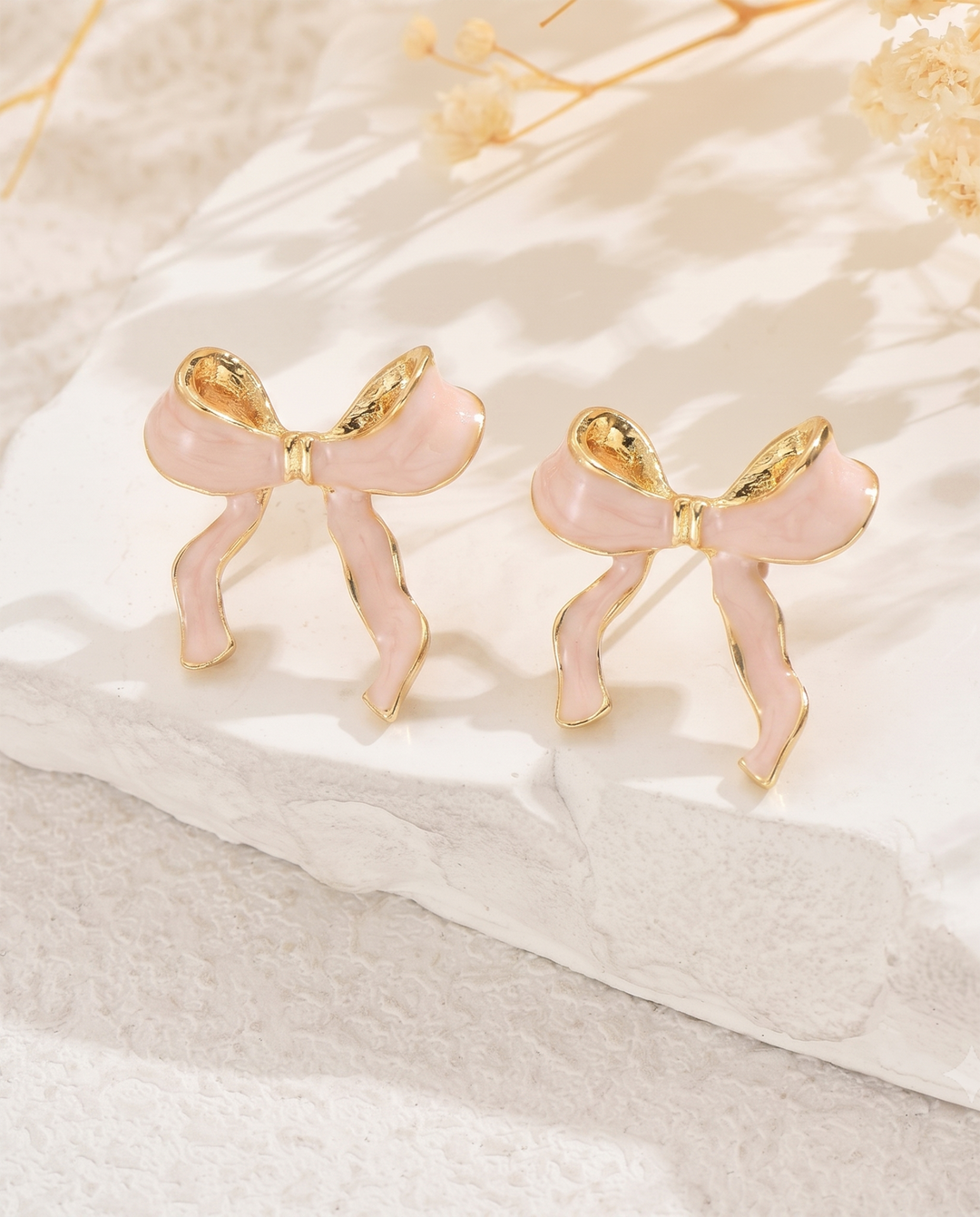 Pink Enamel Bow Stud Earrings with Gold Trim