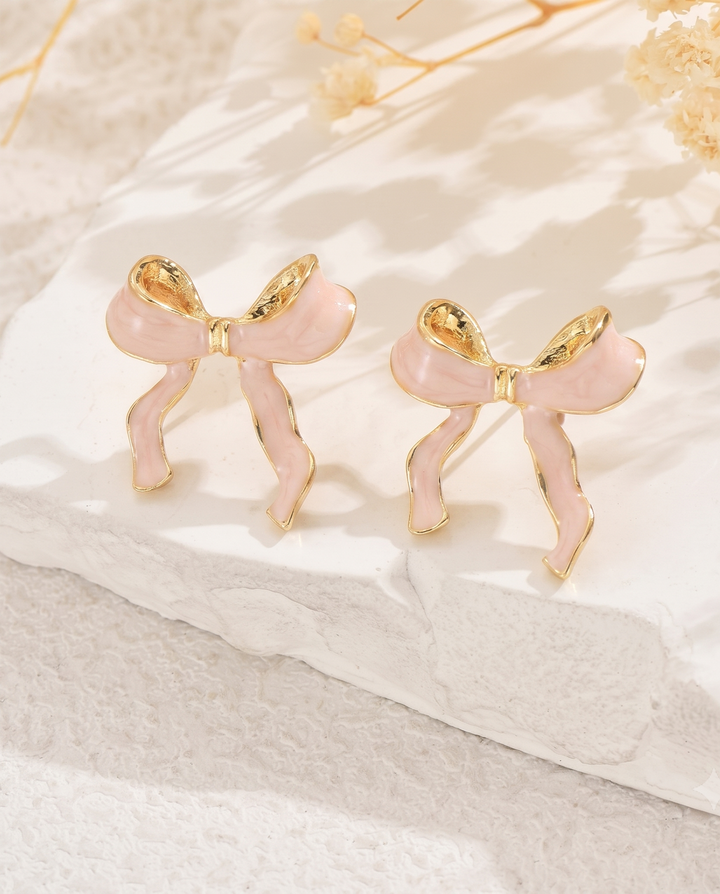 Pink Enamel Bow Stud Earrings with Gold Trim