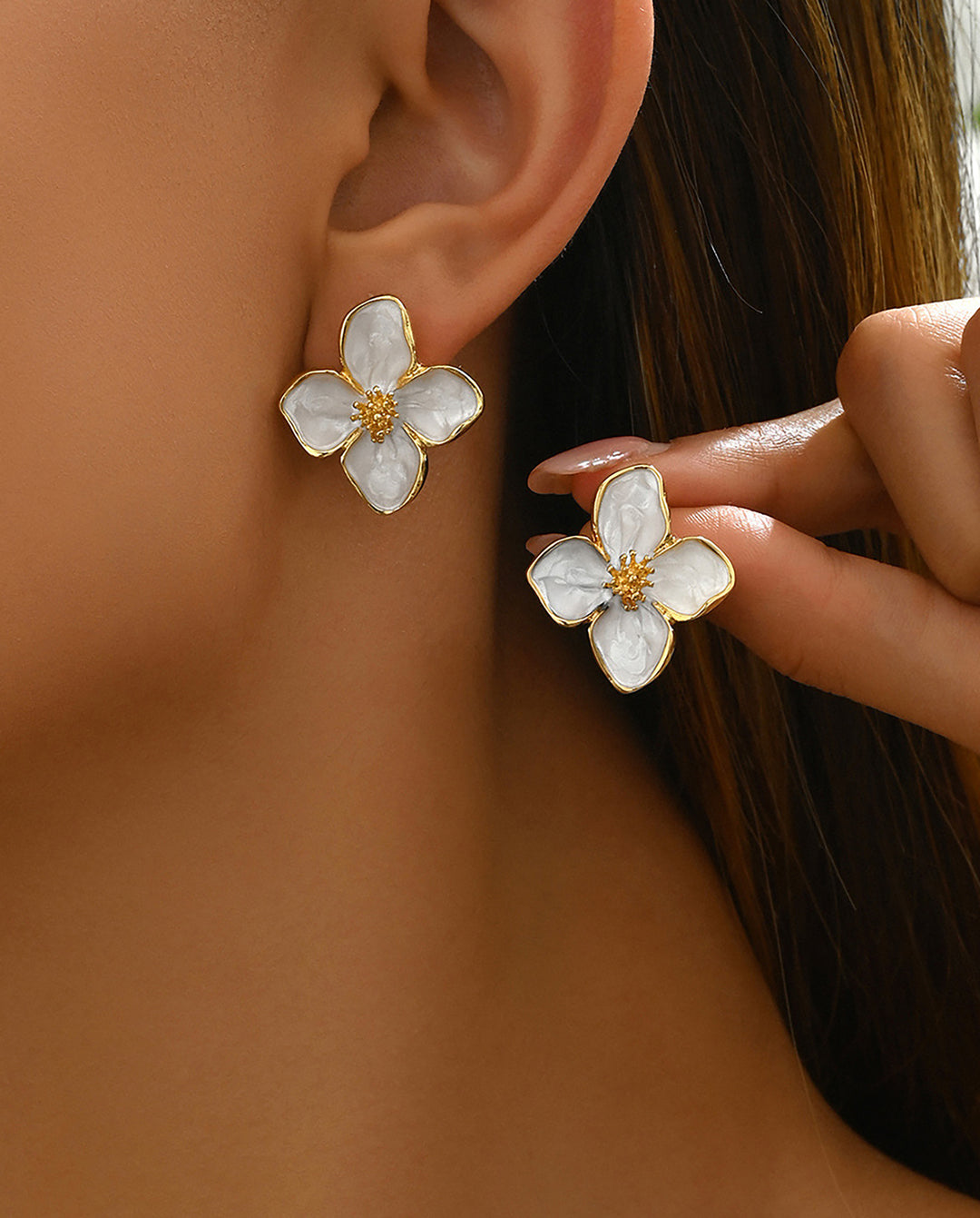 White Enamel Gold Trim Four Petal Flower Stud Earrings