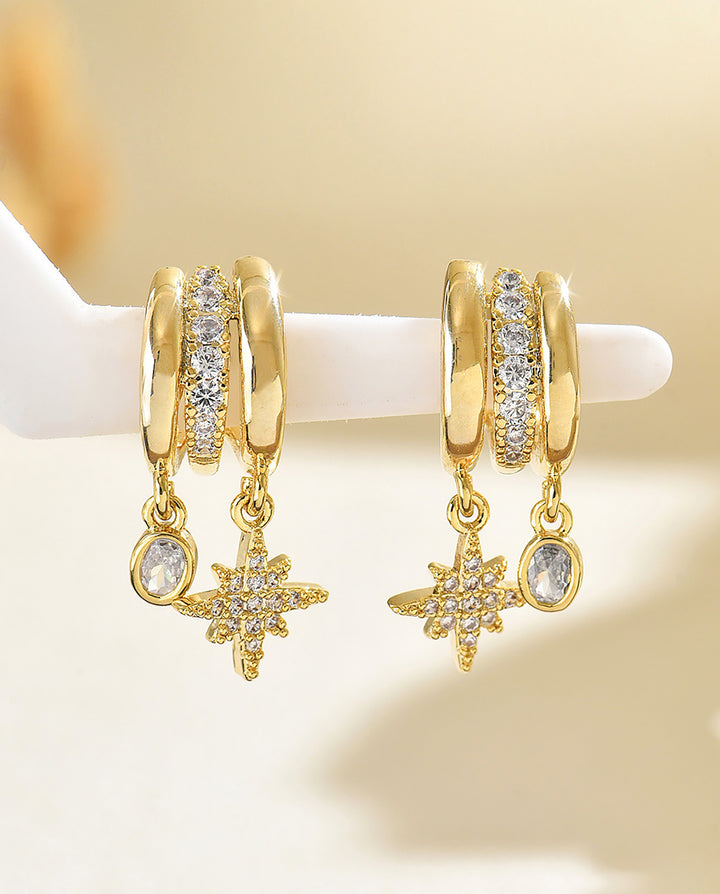 Asymmetrical North Star &amp; Oval CZ Drop Double Hoop Earrings