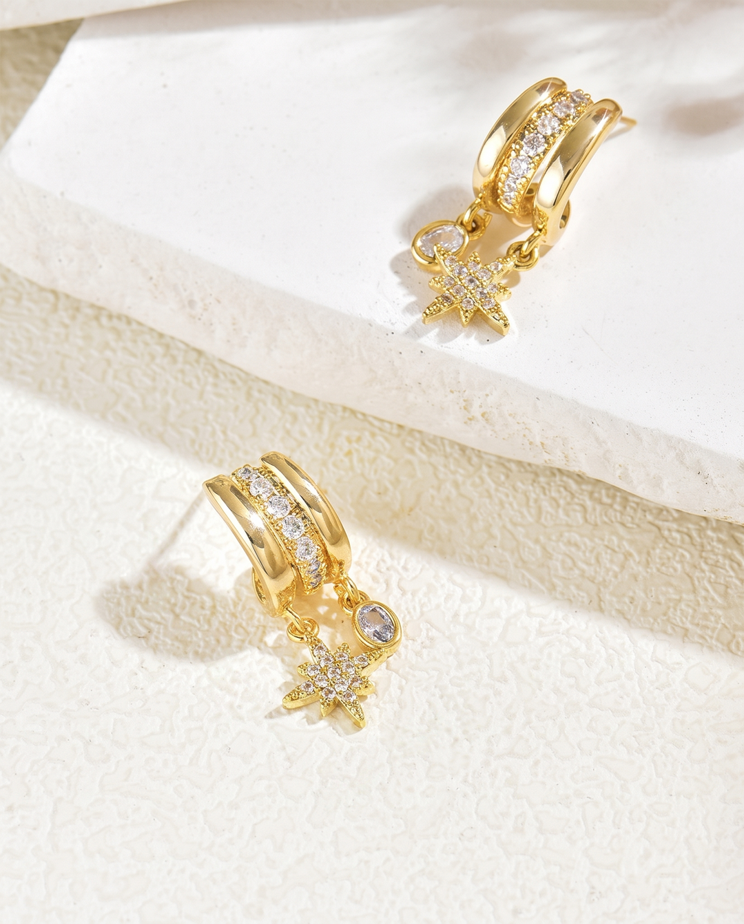 Asymmetrical North Star &amp; Oval CZ Drop Double Hoop Earrings