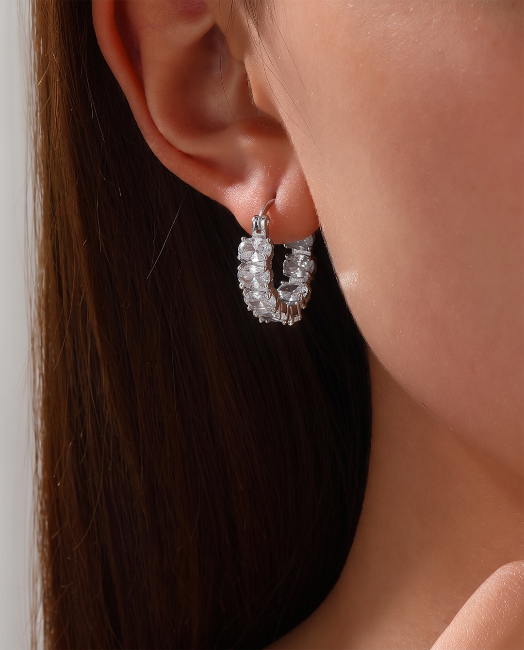 Oval Cubic Zirconia Full Paved Silver Huggie Hoop Earrings