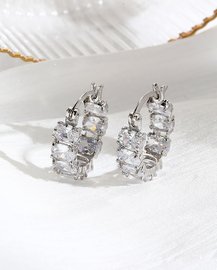 Oval Cubic Zirconia Full Paved Silver Huggie Hoop Earrings