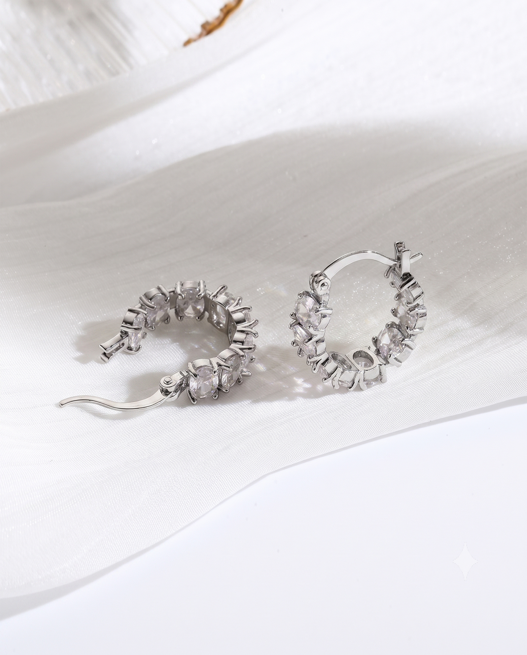 Oval Cubic Zirconia Full Paved Silver Huggie Hoop Earrings