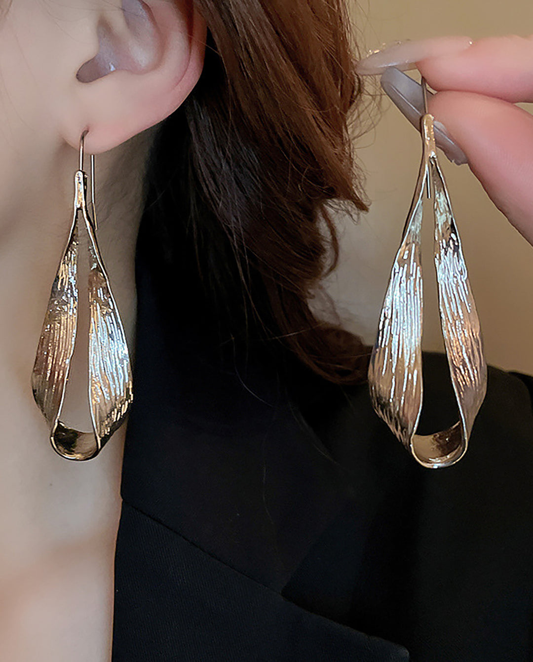 Hammered Textured Teardrop Open Hoop Drop Hook Earrings