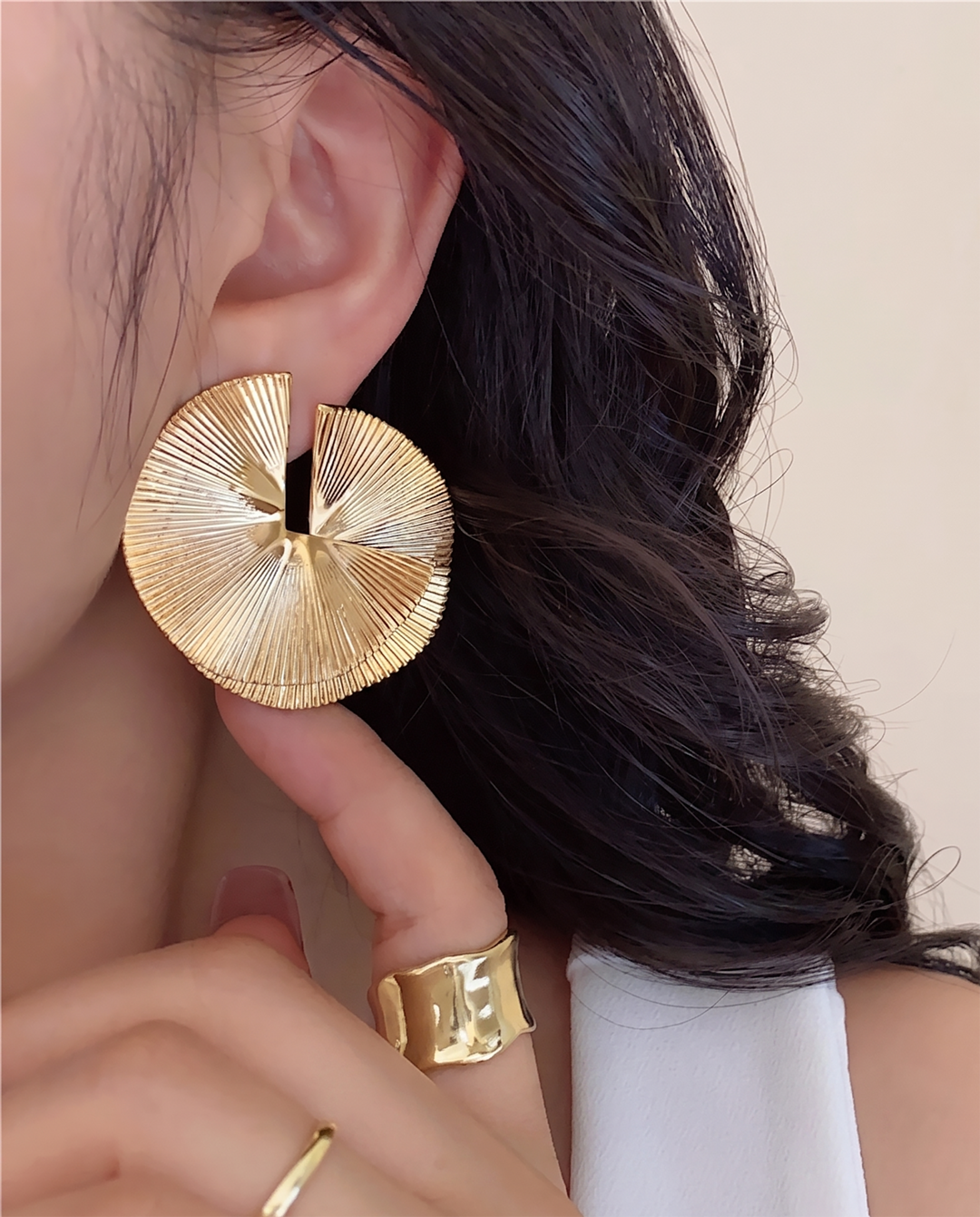Textured Gold Split Fan Shape Statement Stud Earrings