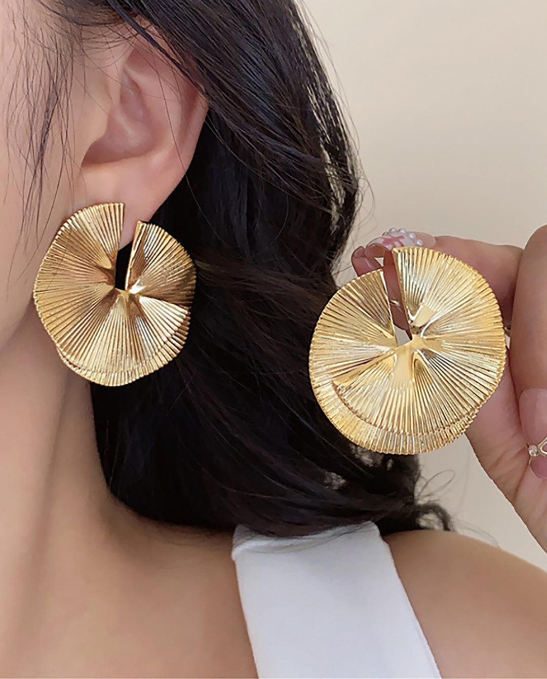 Textured Gold Split Fan Shape Statement Stud Earrings