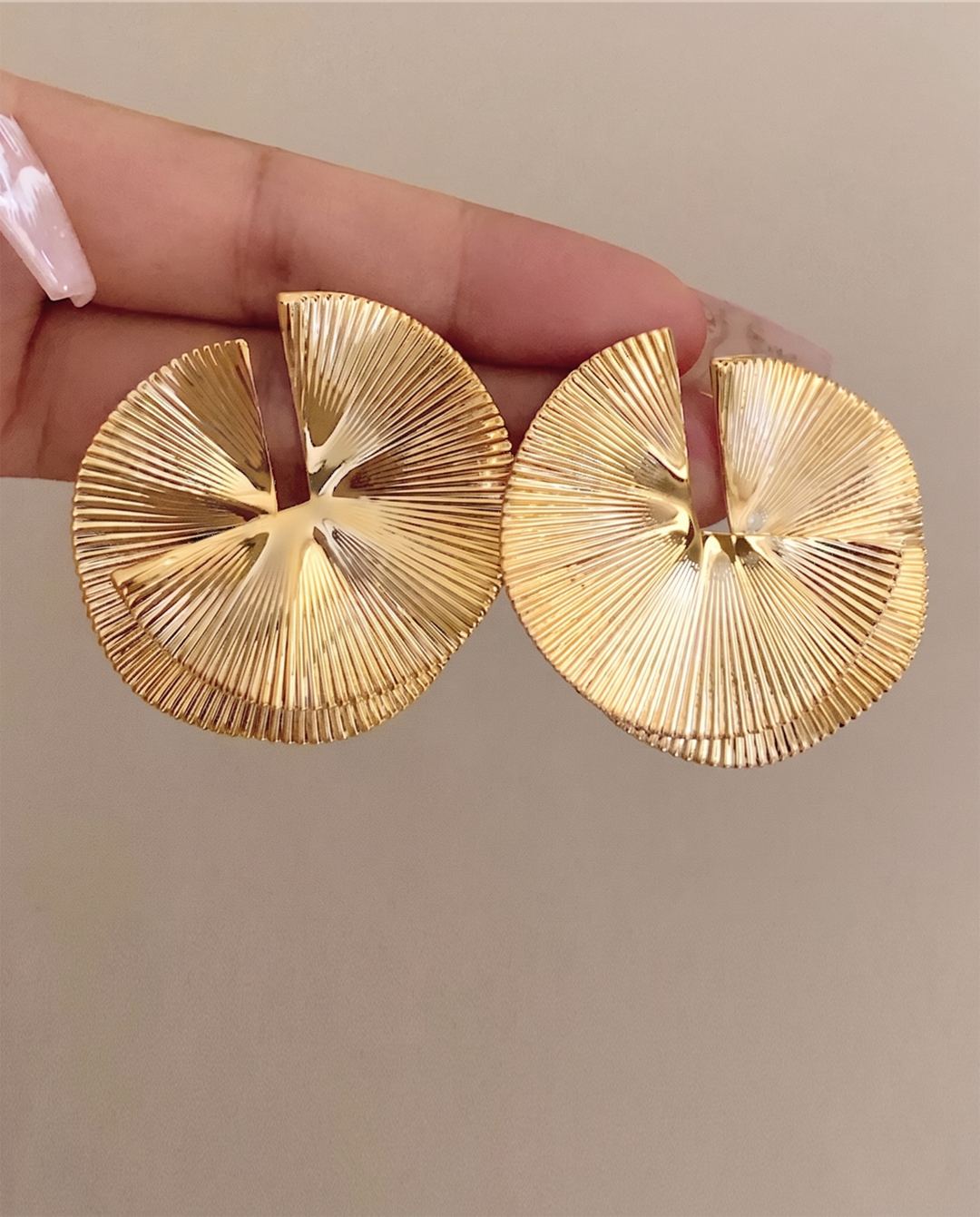 Textured Gold Split Fan Shape Statement Stud Earrings