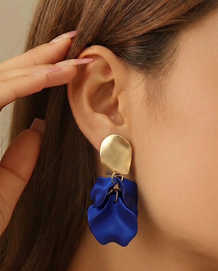 Matte Royal Blue Petal Layered Drop Earrings with Brushed Gold Stud Tops