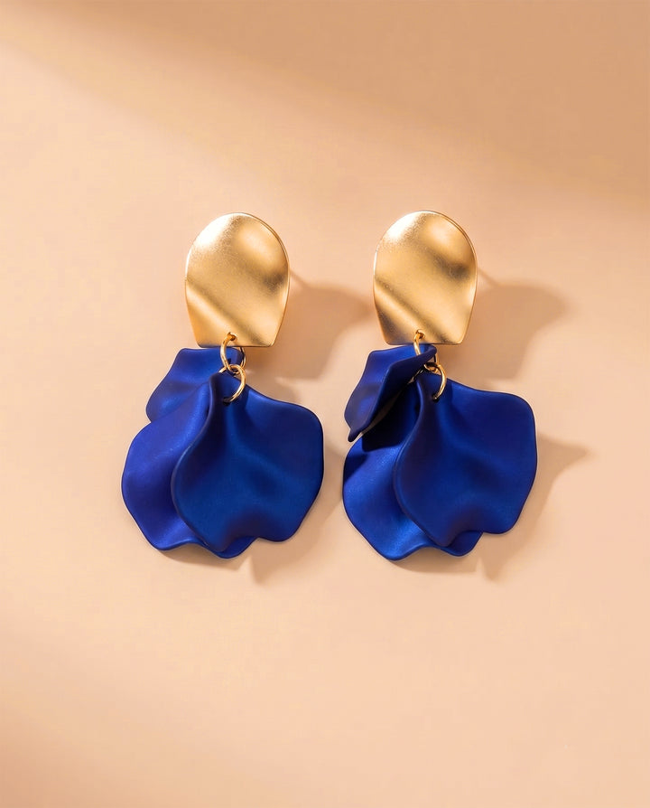 Matte Royal Blue Petal Layered Drop Earrings with Brushed Gold Stud Tops