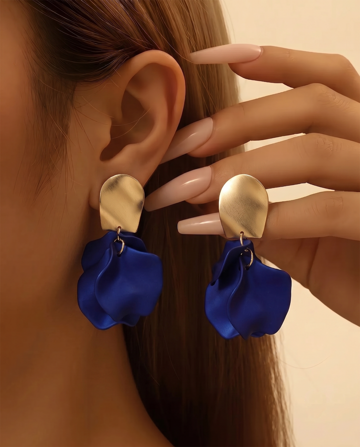 Matte Royal Blue Petal Layered Drop Earrings with Brushed Gold Stud Tops
