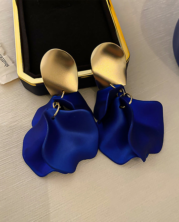 Matte Royal Blue Petal Layered Drop Earrings with Brushed Gold Stud Tops