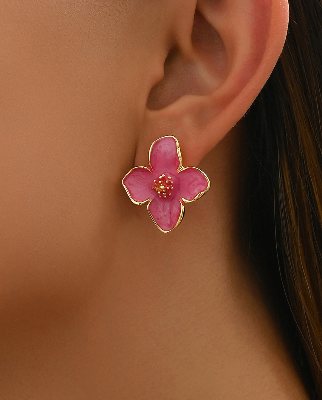 Enamel Gold Trim Four Petal Flower Stud Earrings