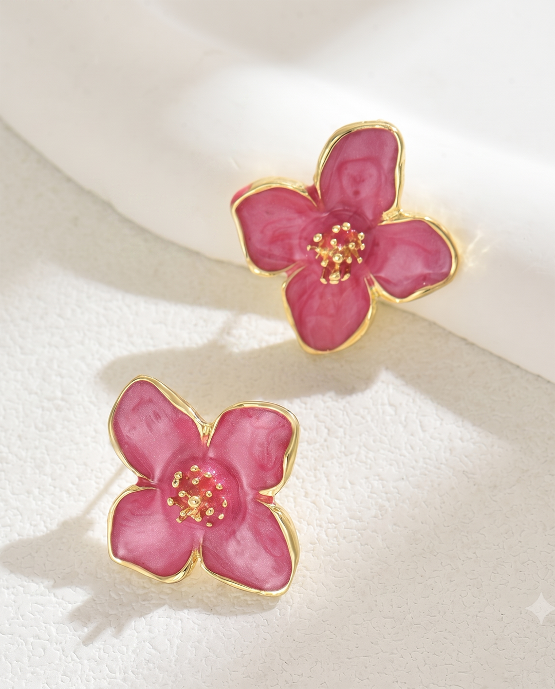 Hot Pink Enamel Gold Trim Four Petal Flower Stud Earrings