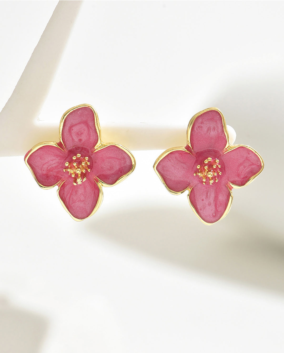Enamel Gold Trim Four Petal Flower Stud Earrings