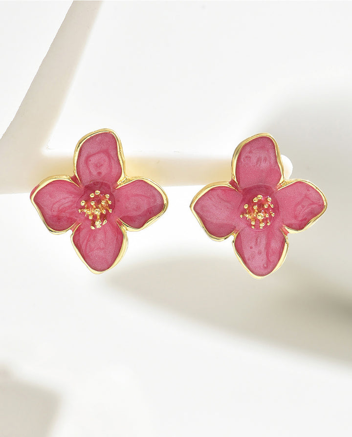 Enamel Gold Trim Four Petal Flower Stud Earrings