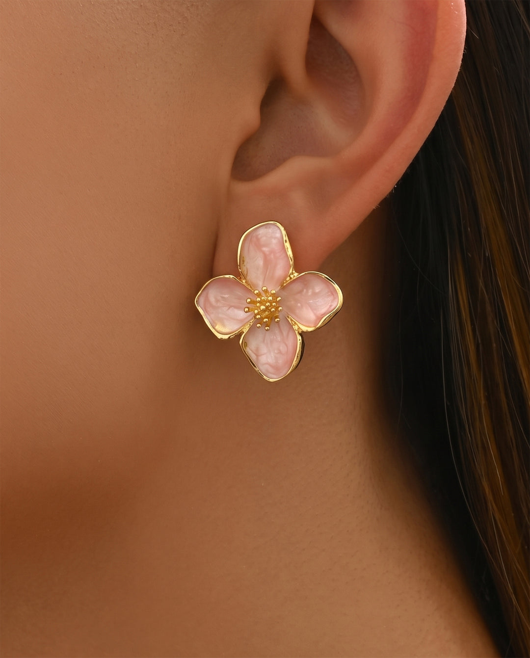 Light Pink Enamel Gold Trim Four Petal Flower Stud Earrings
