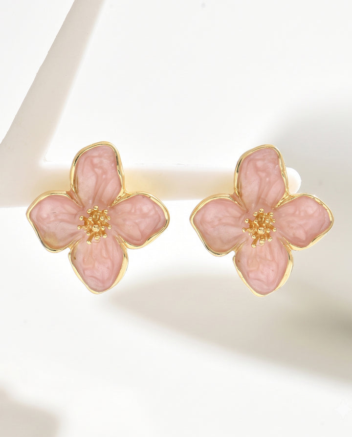 Light Pink Enamel Gold Trim Four Petal Flower Stud Earrings