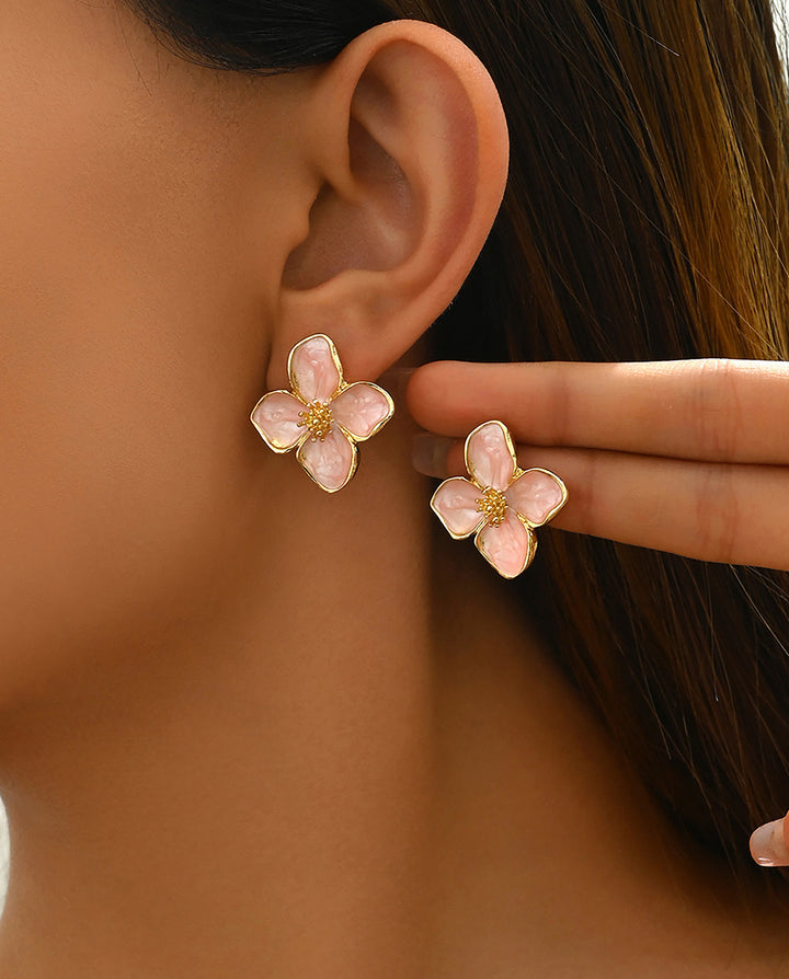 Light Pink Enamel Gold Trim Four Petal Flower Stud Earrings