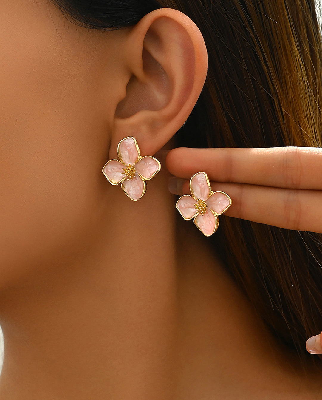 Enamel Gold Trim Four Petal Flower Stud Earrings
