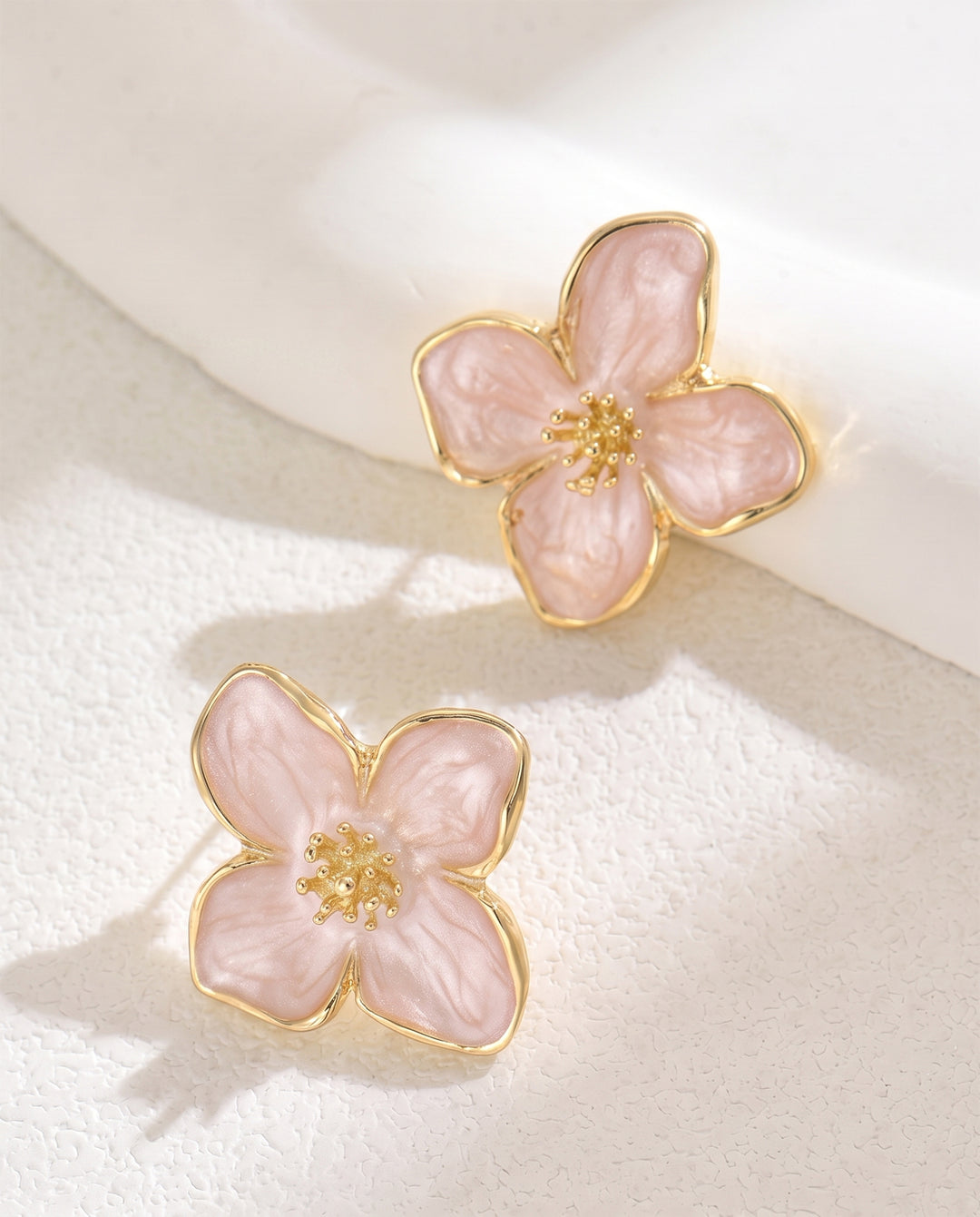 Light Pink Enamel Gold Trim Four Petal Flower Stud Earrings