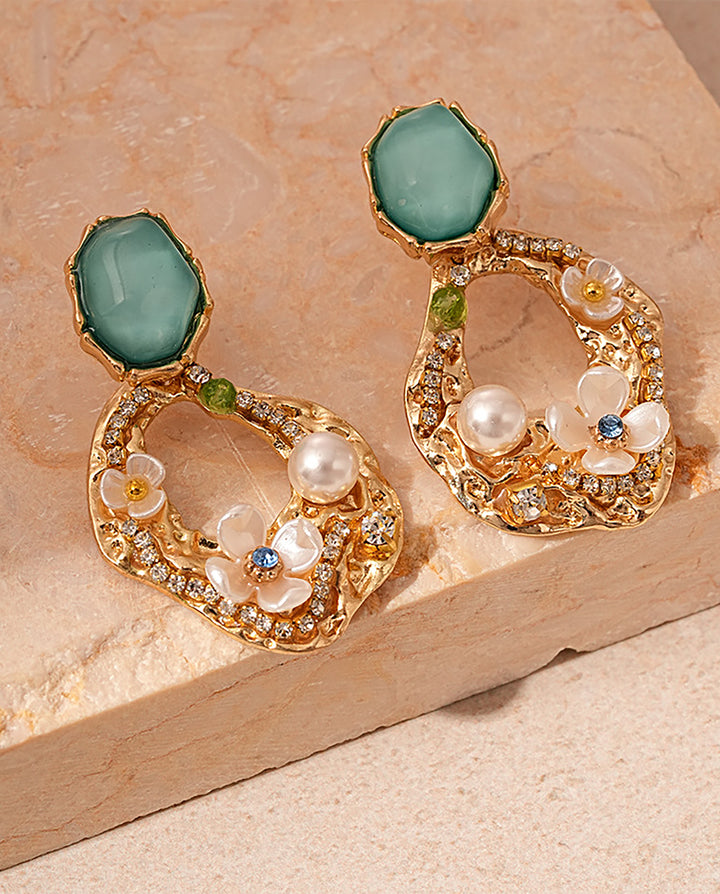 Vintage Green Gem Floral Pearl Irregular Hollow Drop Earrings