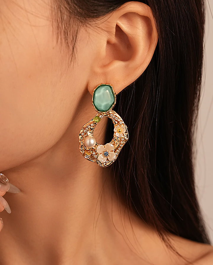 Vintage Green Gem Floral Pearl Irregular Hollow Drop Earrings
