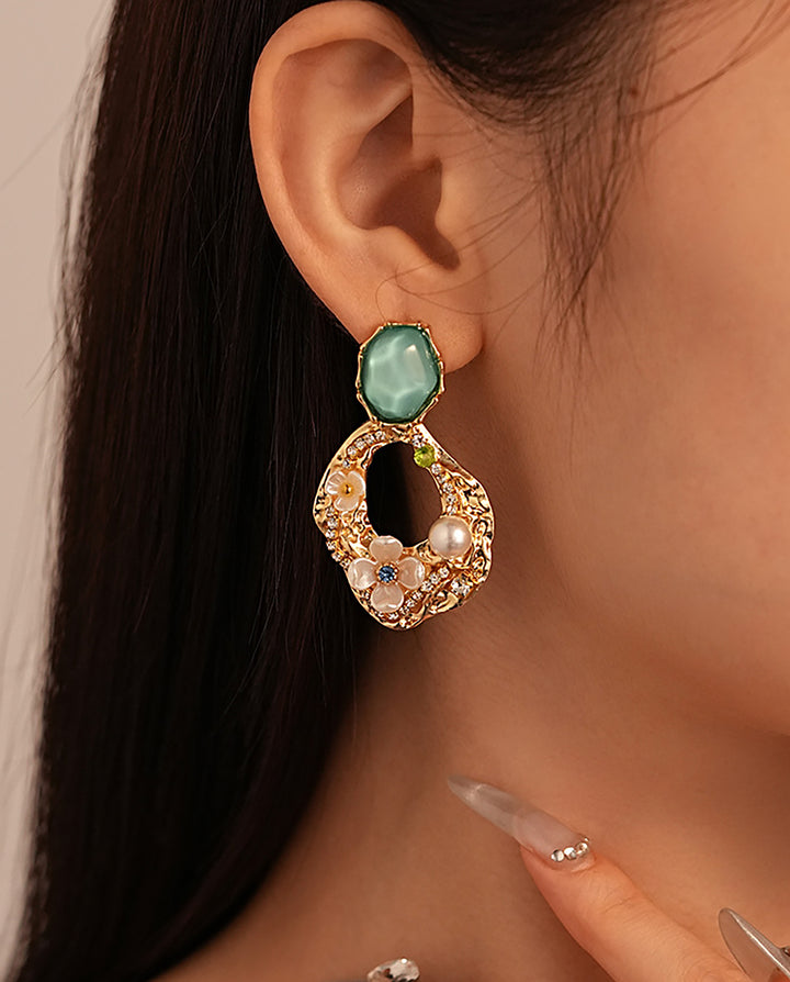 Vintage Green Gem Floral Pearl Irregular Hollow Drop Earrings